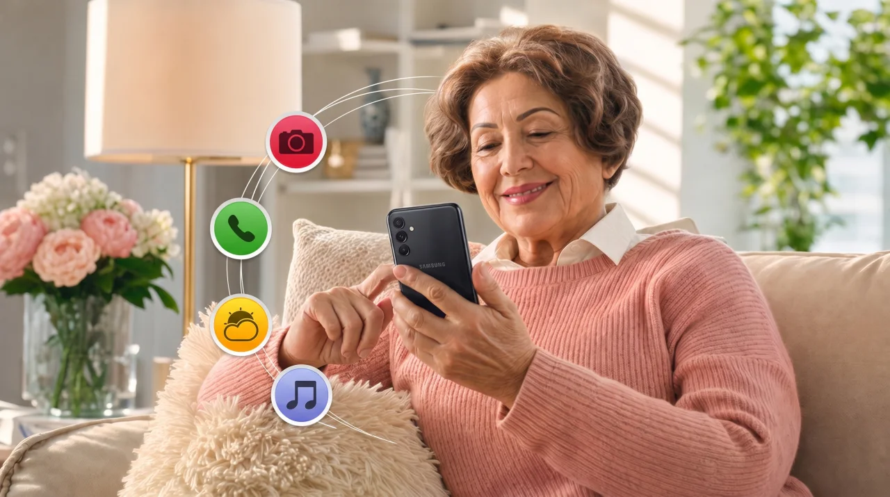 סבתא מחייכת ומביטה בסמארטפון